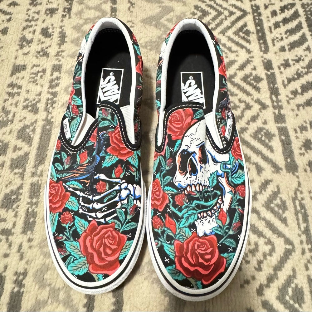 Vans Red Rose Skull Slip-On Shoes